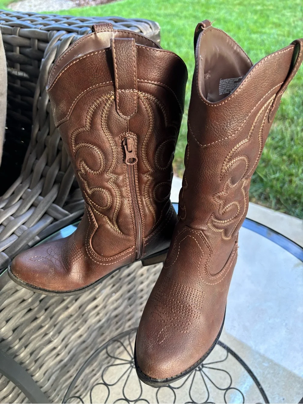 Cat & Jack Girls Western Cowboy Boots Brown Embroidered Side Zip Size 2